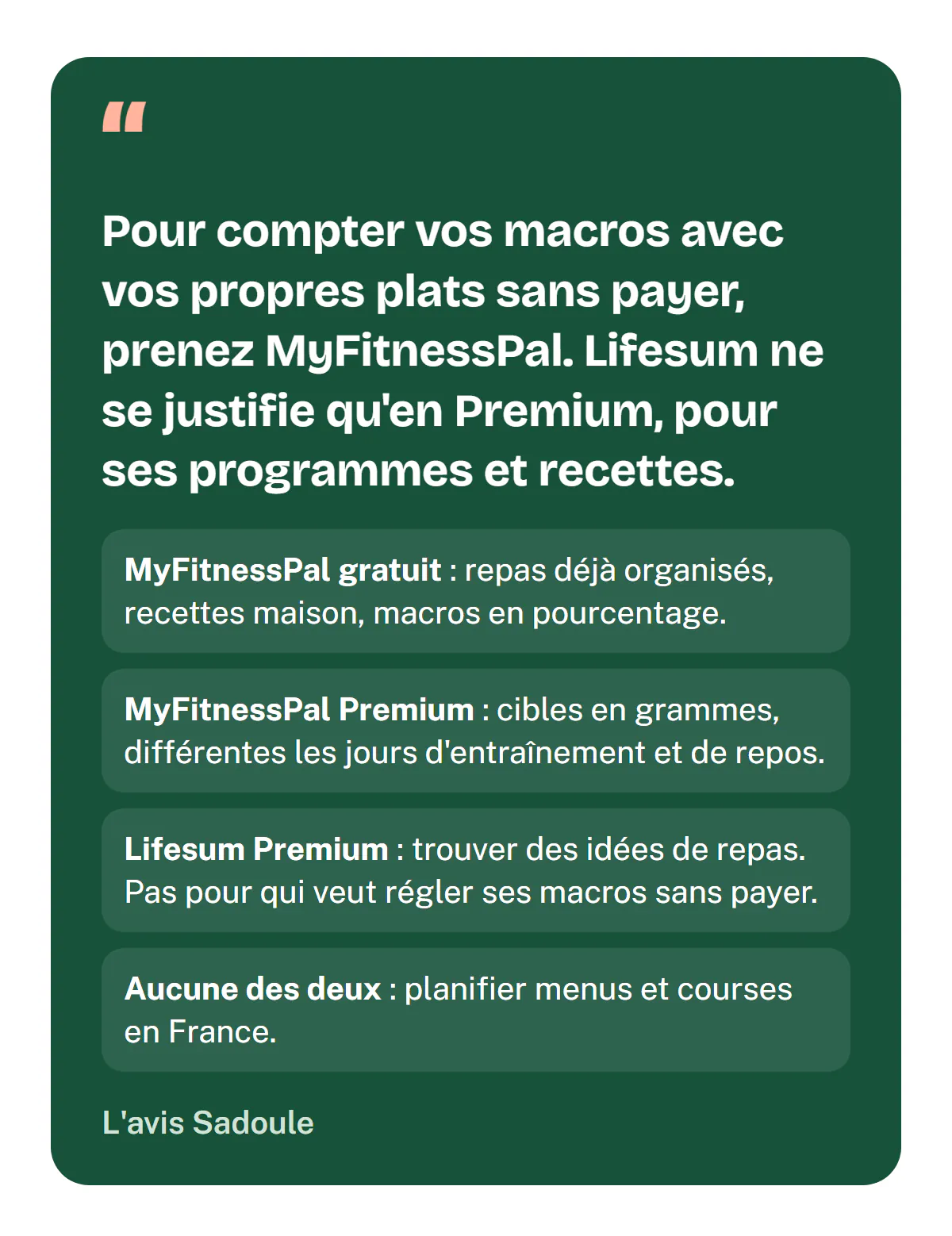 L'avis Sadoule : pour compter vos macros avec vos propres plats sans payer, prenez MyFitnessPal ; Lifesum ne se justifie qu'en Premium, pour ses programmes et recettes. MyFitnessPal gratuit pour les repas déjà organisés, MyFitnessPal Premium pour des cibles en grammes, Lifesum Premium pour trouver des idées de repas, aucune des deux pour planifier menus et courses en France.