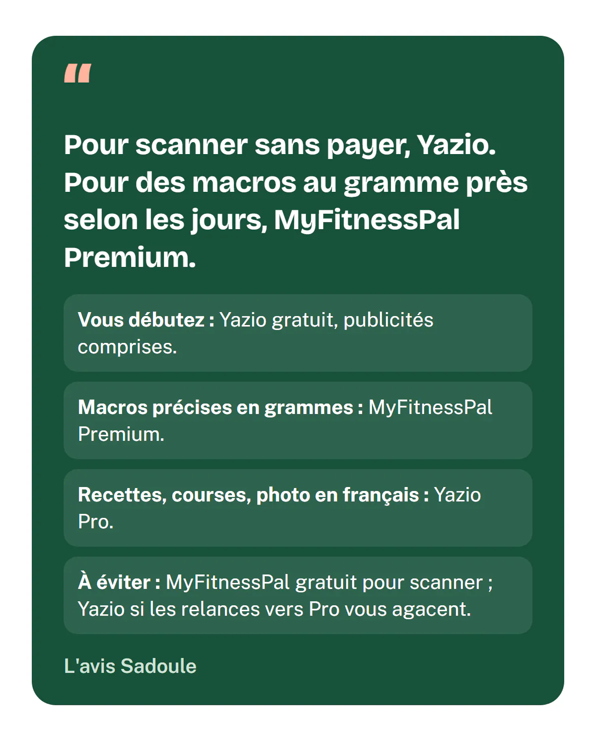 L'avis Sadoule : pour scanner sans payer, Yazio ; pour des macros au gramme près selon les jours, MyFitnessPal Premium ; pour les recettes, les courses et la photo en français, Yazio Pro. À éviter : MyFitnessPal gratuit pour scanner, Yazio si les relances vers Pro vous agacent.