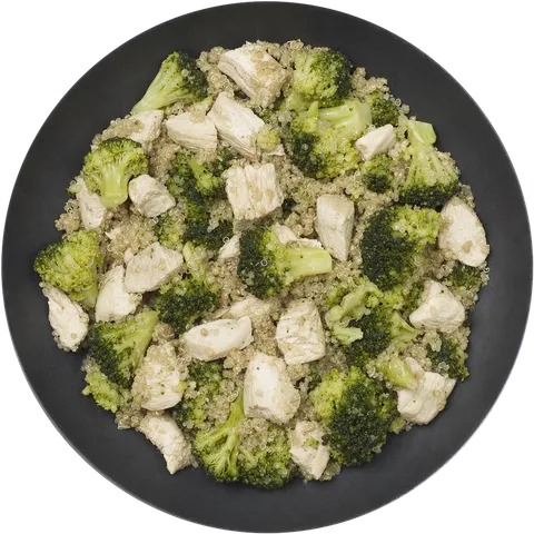 Assiette de quinoa, dés de poulet et fleurettes de brocoli